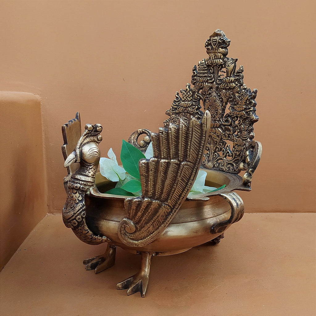 Majestic Brass Peacock Urli For Floating Flowers & Diyas - Height 29 cm x Length 23 cm x Diameter 20 cm
