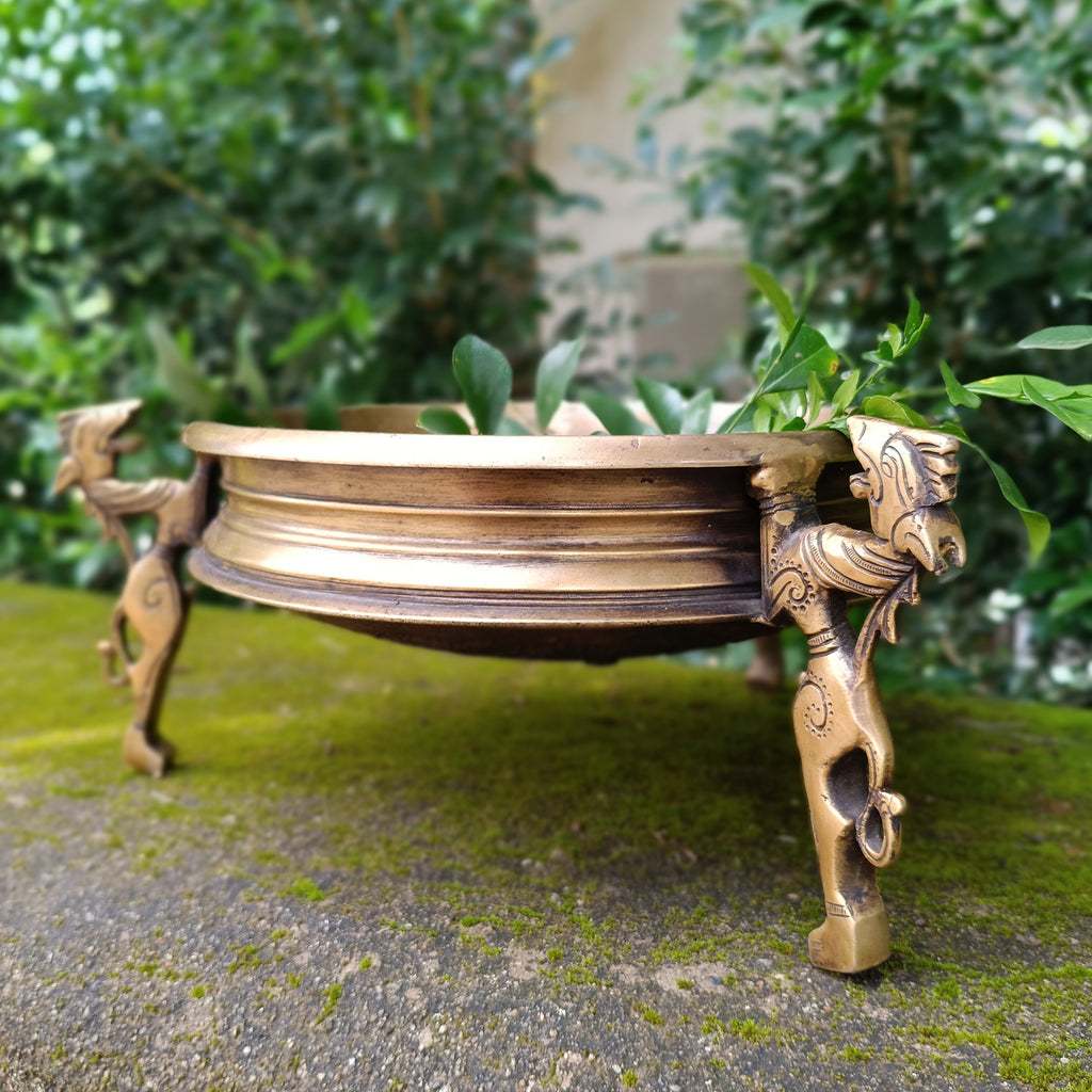 Traditional Brass Urli Handcrafted With 3 Mythical Yali Legs. Diameter 28 cm x Height 15 cm
