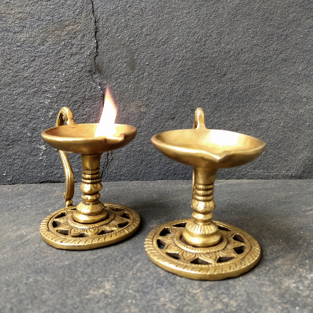 Pair Of Handcrafted Brass Lamps | Diyas  - Length 13.5 cm x Diameter 8.5 cm x Height 10 cm