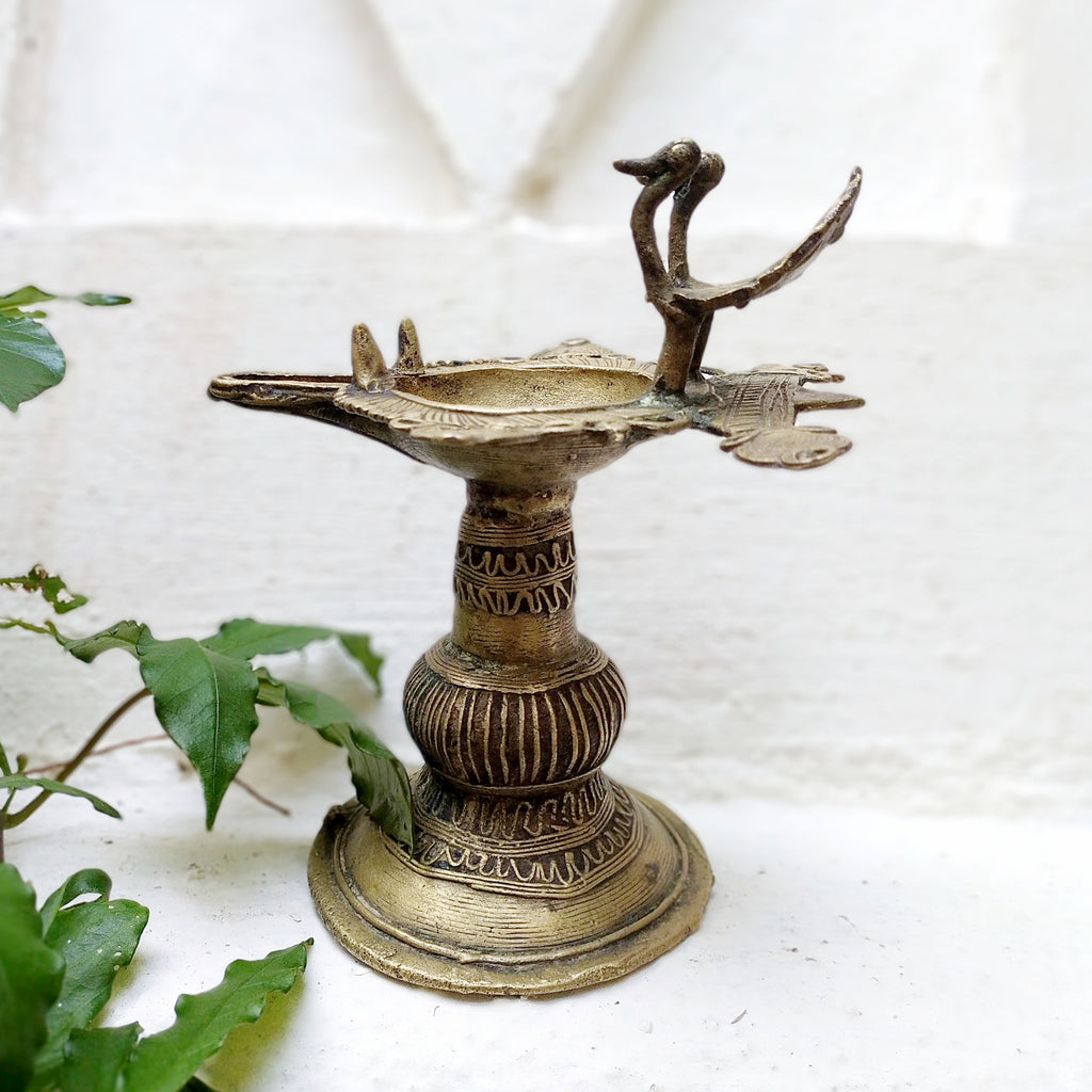 Vintage Odhisa Tribal Dhokra Brass Oil Lamp With Peacocks. L 14.5 cm x Ht 17 cm x Width 12.5 cm