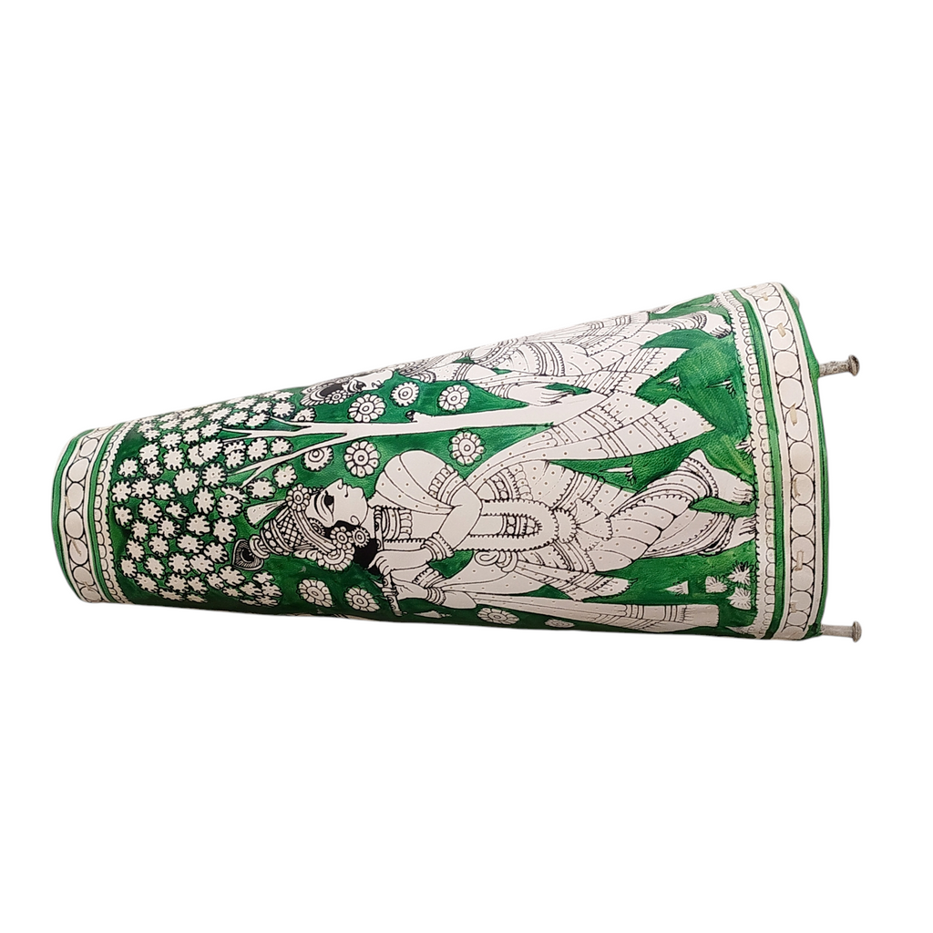 Kalamkari Style Leather Lampshade Depicting Radha Krishna In Colours of Vibrant Green & White. Height 44 cm