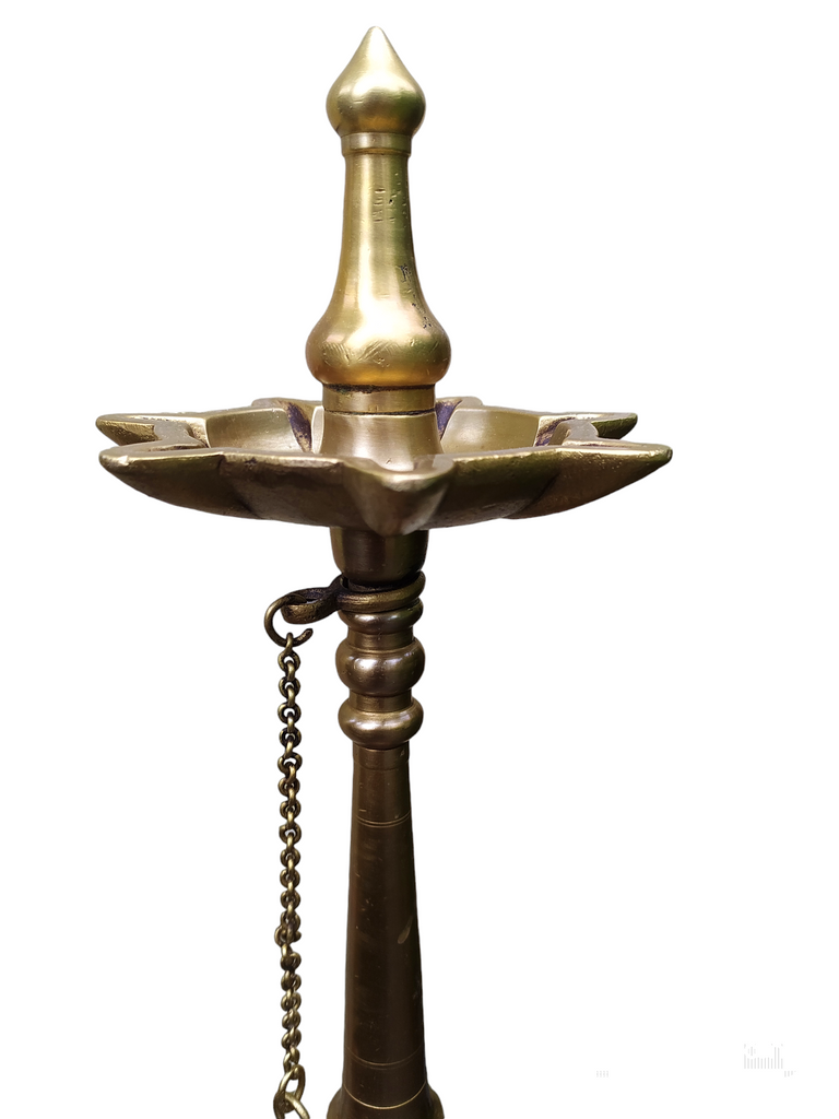 Traditional Brass Oil Lamp | Vilakku With 7 Grooves & Chain. Height 48 cm x Diameter 13 cm