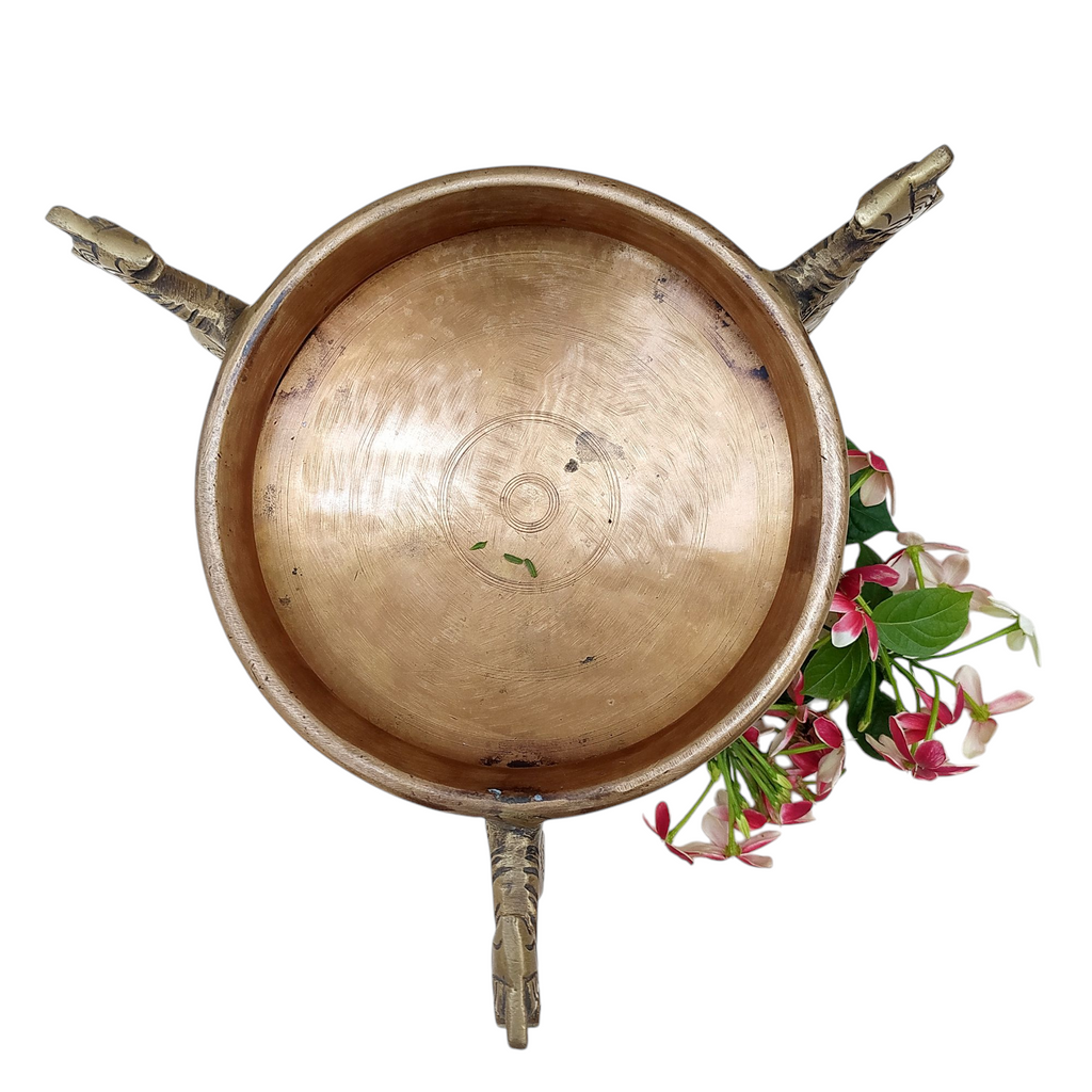 Traditional Brass Urli Handcrafted With 3 Mythical Yali Legs. Diameter 20 cm x Height 15 cm