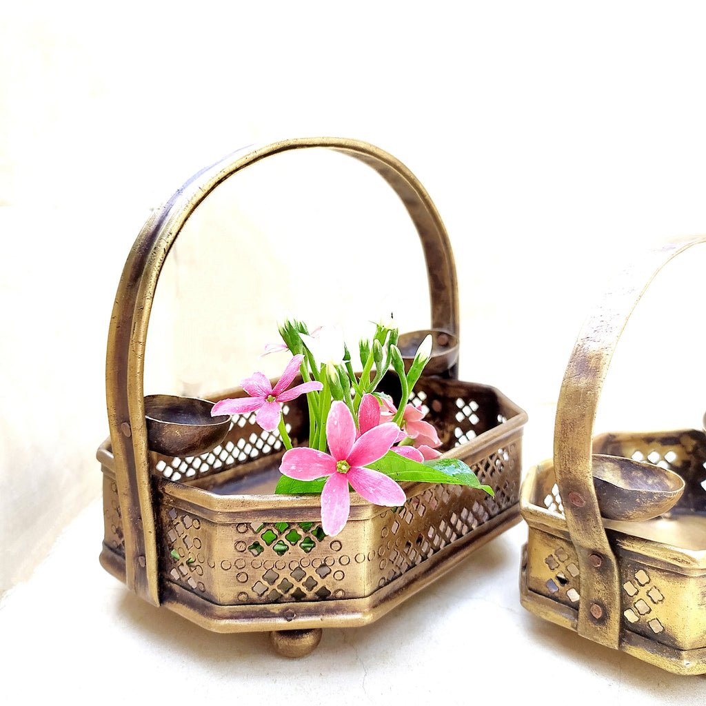 Pair Of Traditional Vintage Brass Flower Baskets, Poola Sajja, L 16 cm & 12 cm