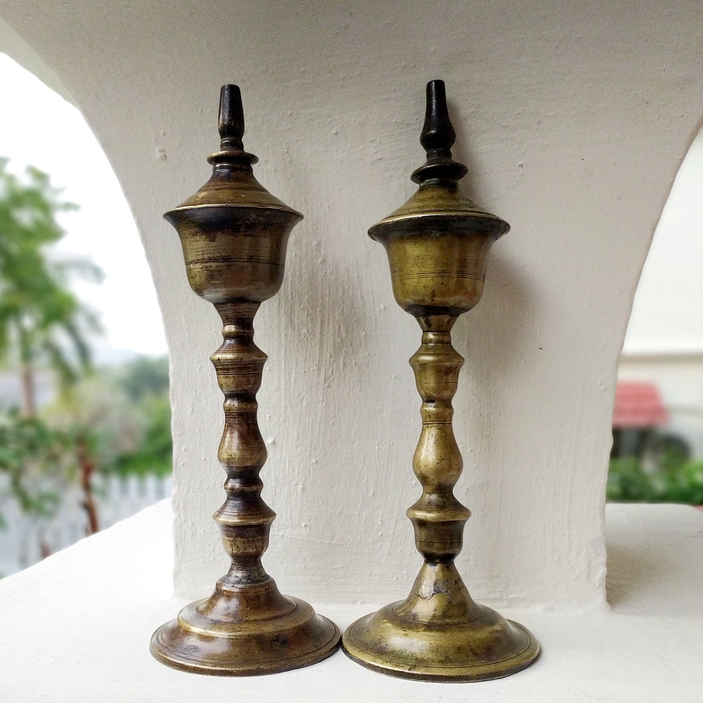 Vintage Pair Of Brass Oil & Wick Lamps. Height 24 cm x Diameter 9 cm