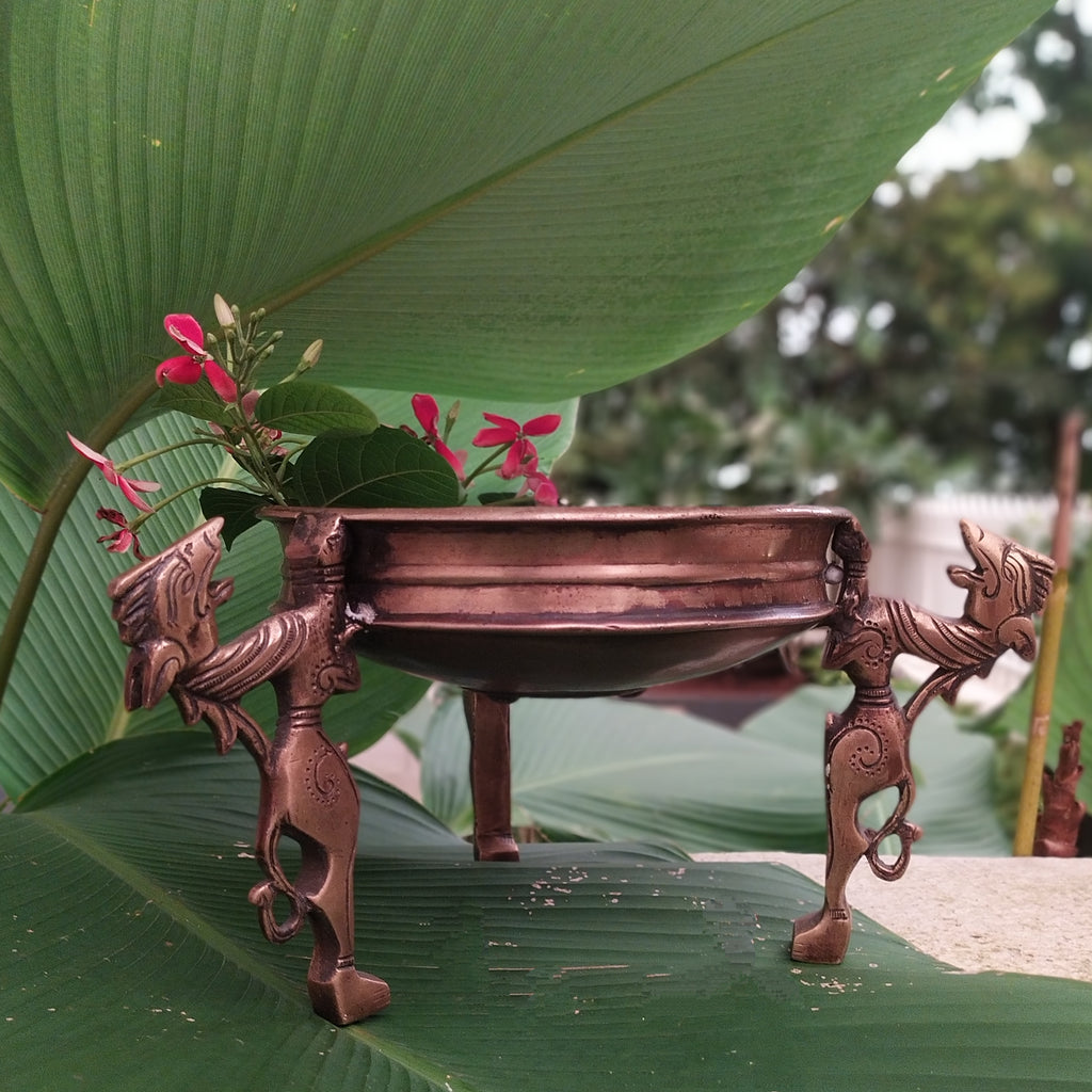 Traditional Brass Urli Handcrafted With 3 Mythical Yali Legs. Diameter 19 cm x Height 15 cm