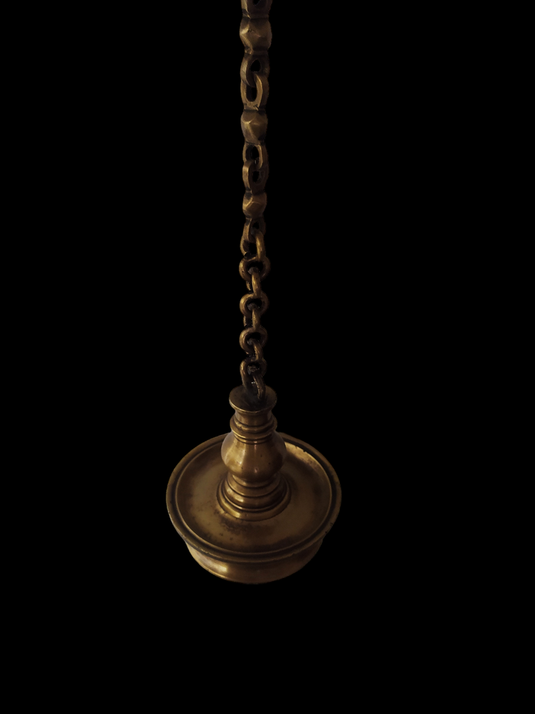 Vintage Brass Oil Lamp With Bell - "Thooku Vilakku" From South India. Length 76 cm x Diameter 16 cm