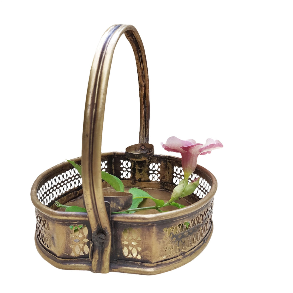 Poola Sajja - Vintage Brass Flower Basket - L 23 cm x W 21 cm x Ht 23 cm