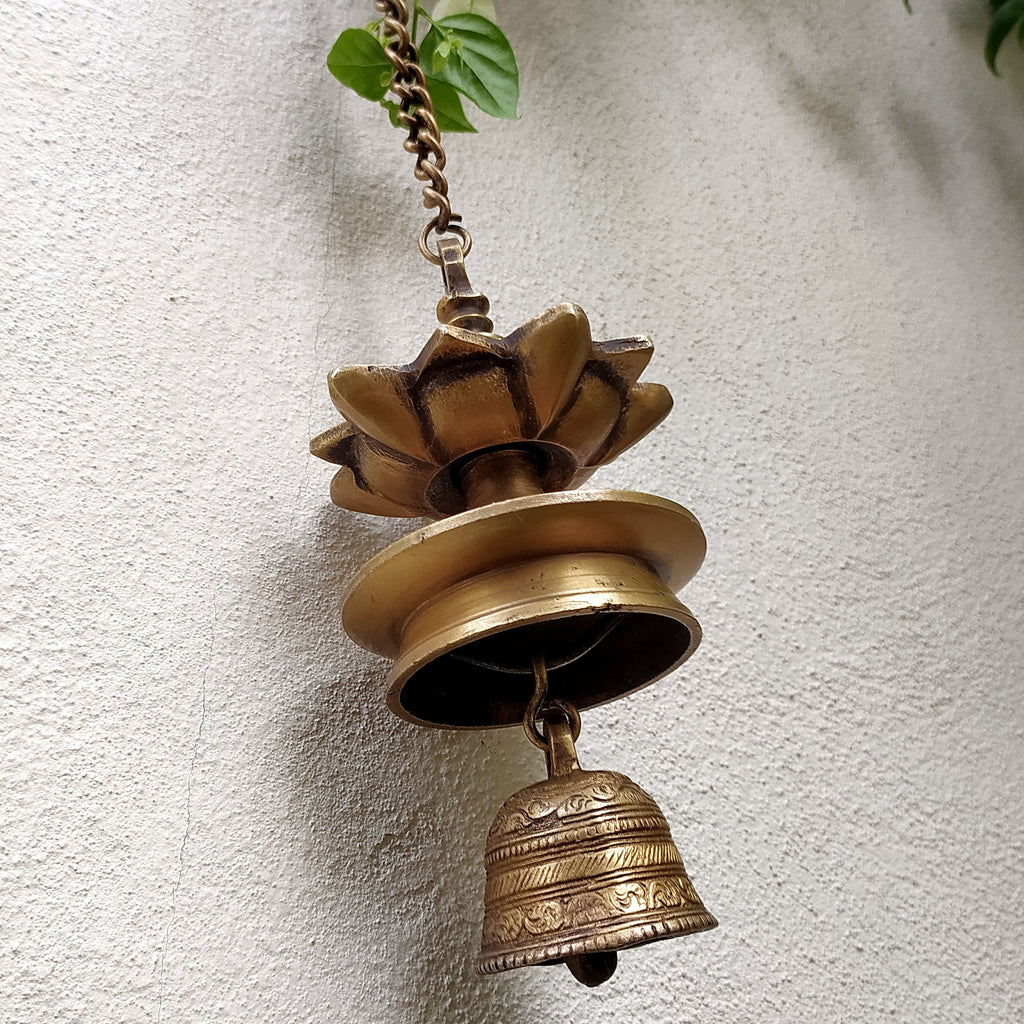 Vintage Brass Hanging Oil Lamp With Bell - "Thooku Vilakku" From South India. Length 91 cm x Diameter 10 cm