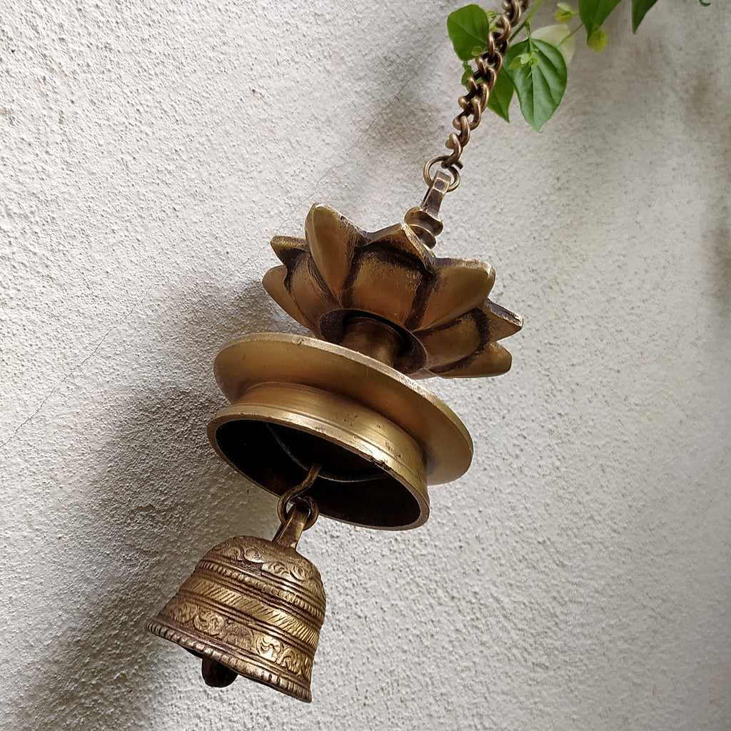 Vintage Brass Hanging Oil Lamp With Bell - "Thooku Vilakku" From South India. Length 91 cm x Diameter 10 cm