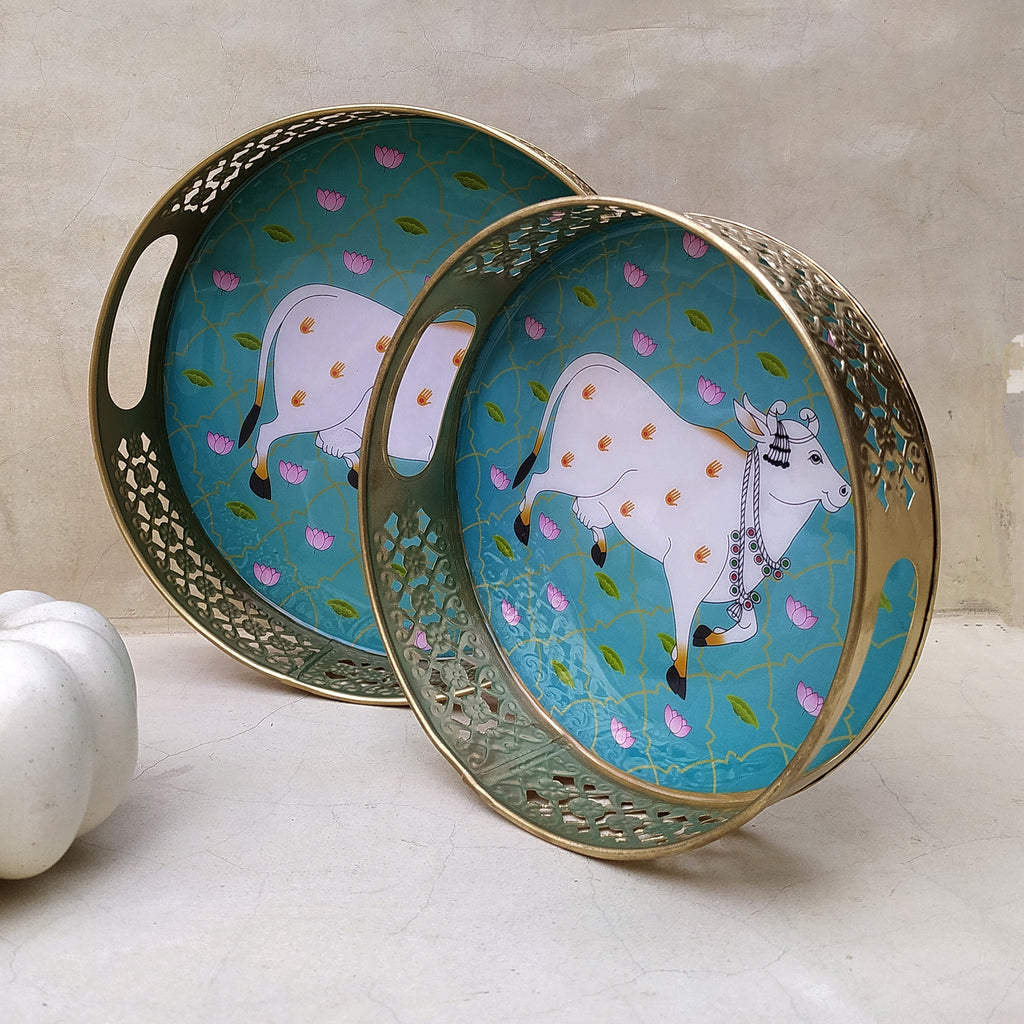 Pair Of Exquisite Round Metal Trays With Pichwai Art Of Nandi. Diameter 25 & 20 cm