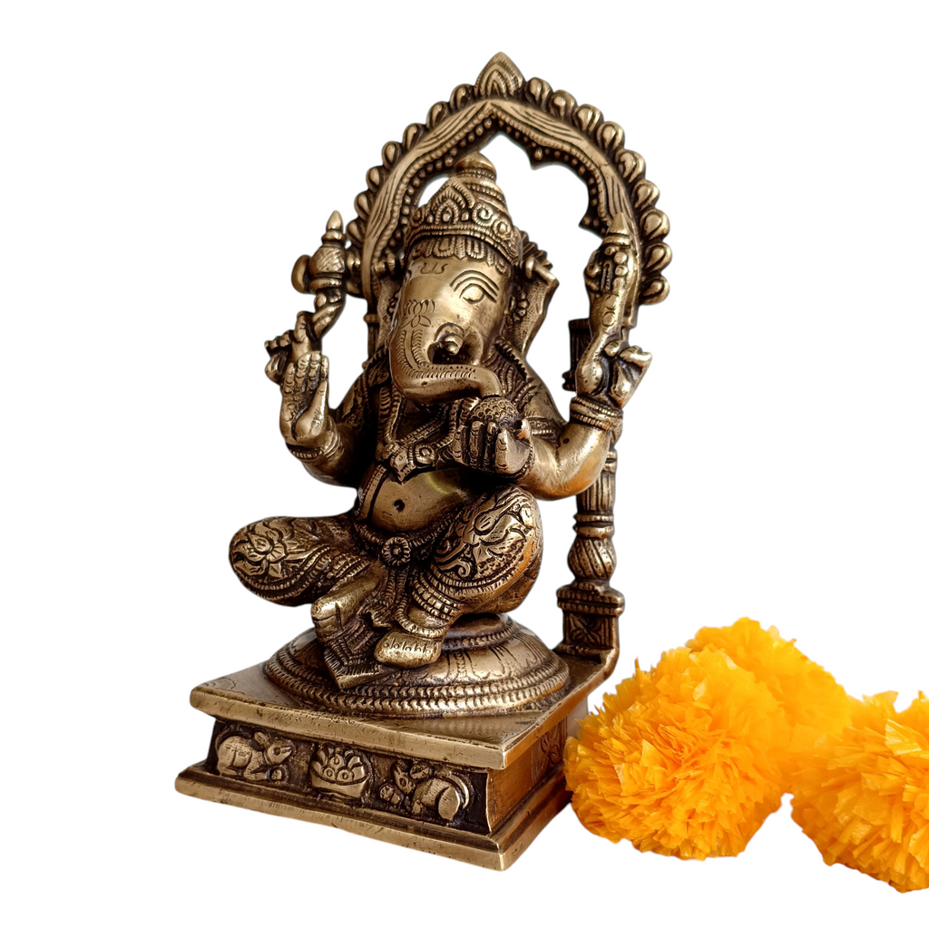 Divine Idol Of Lord Ganesha With Prabhavali - Height 22.5 cm x Width 12 cm x Depth 10 cm
