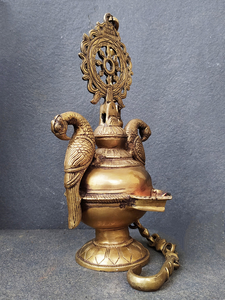 Elegant Brass Hanging Lamp With Exquisitely Handcrafted Parrots. Length with Chain 86 cm x W 19 cm x D 16 cm