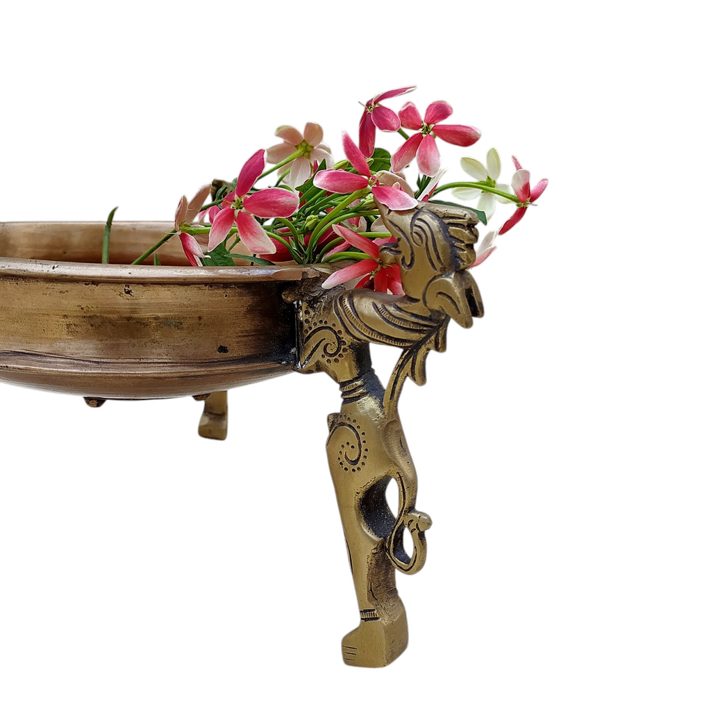 Traditional Brass Urli Handcrafted With 3 Mythical Yali Legs. Diameter 20 cm x Height 15 cm