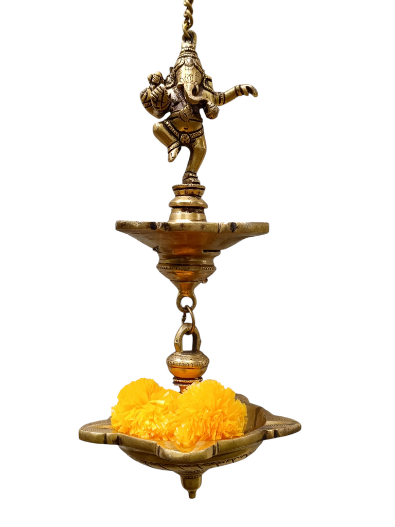 Vintage Brass 2 Tier Ganesh Lamp With 9 Diyas- Length 77 cm