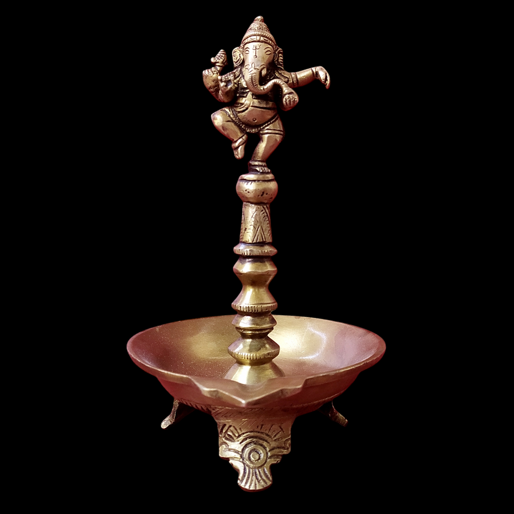 Majestic Brass Oil Lamp With Dancing Ganesha - Height 22 cm x Diameter 13