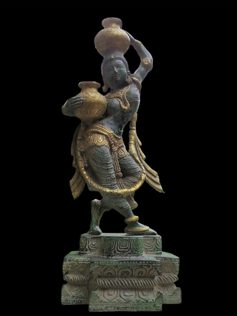 Village Woman Carrying Water Pots Handcrafted In Brass With A  Green & Gold Patina. Height 38 cm