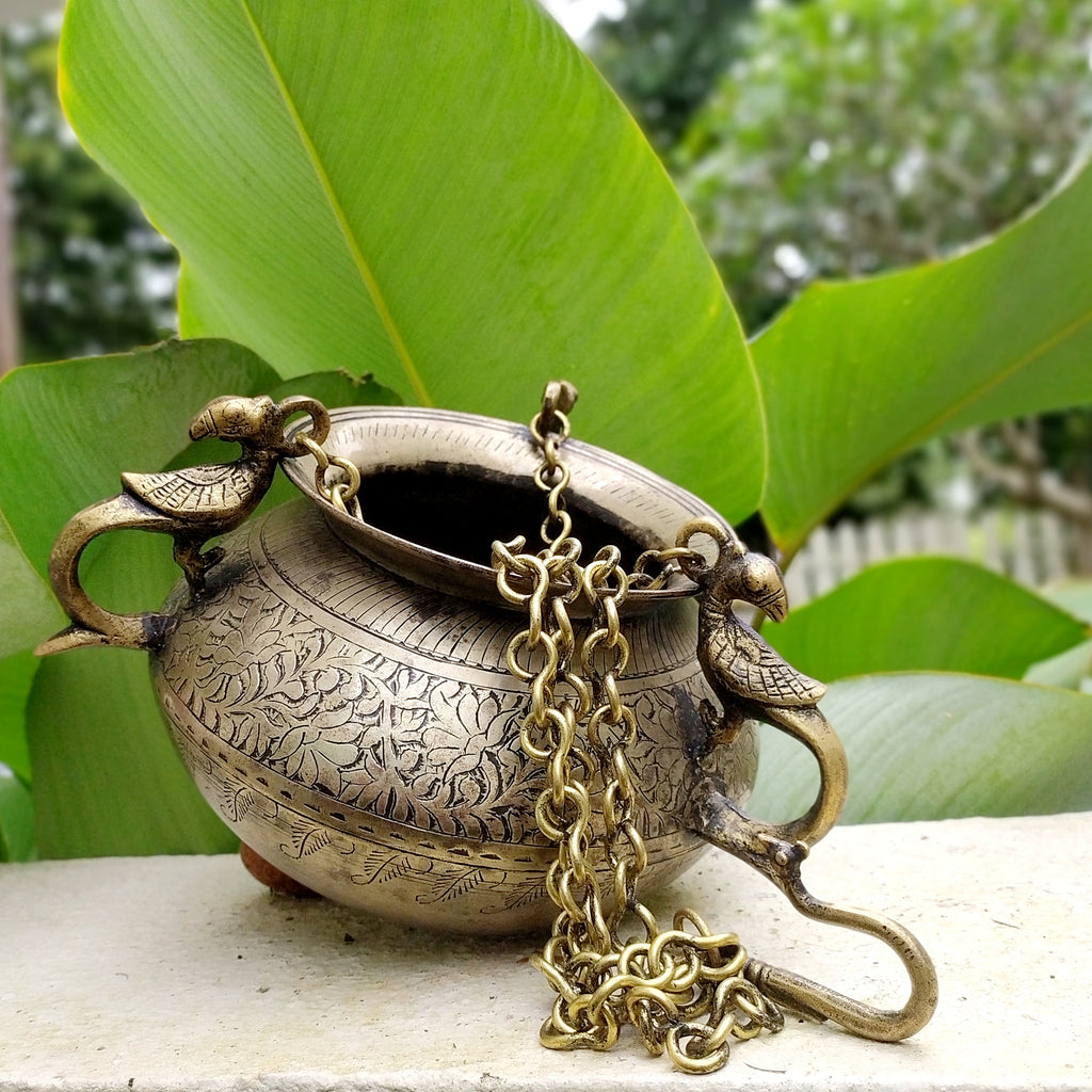 Vintage Hanging Brass Planter With 3 Peacock Handles & Chains. Length With Chain 69 cm x Dia 16 cm