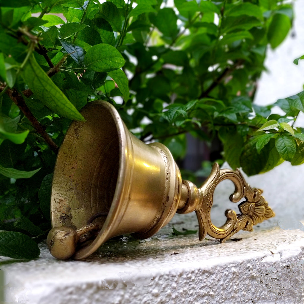 Magnificent Brass Temple Bell With Twin Peacocks. Height 22 cm x Diameter 11 cm