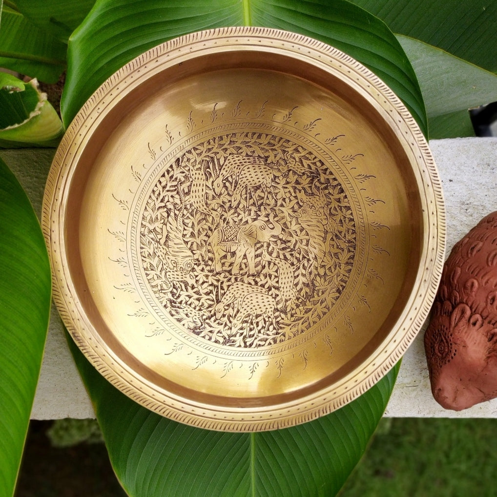 Captivating Brass Urli Hand Engraved With Flora & Fauna. Diameter 30 cm x Ht 11 cm