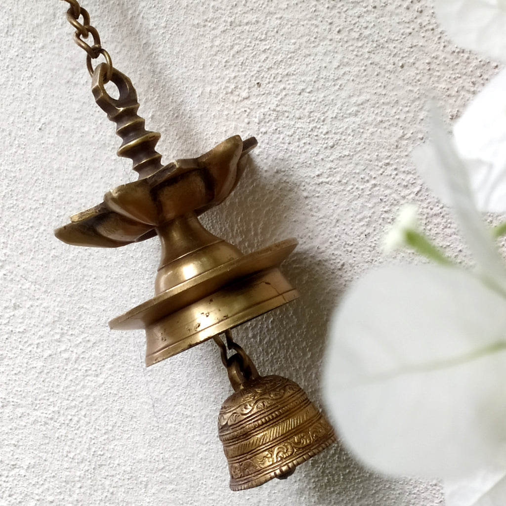 Vintage Brass Hanging Oil Lamp With Bell - "Thooku Vilakku" From South India. Length 91 cm x Diameter 10 cm