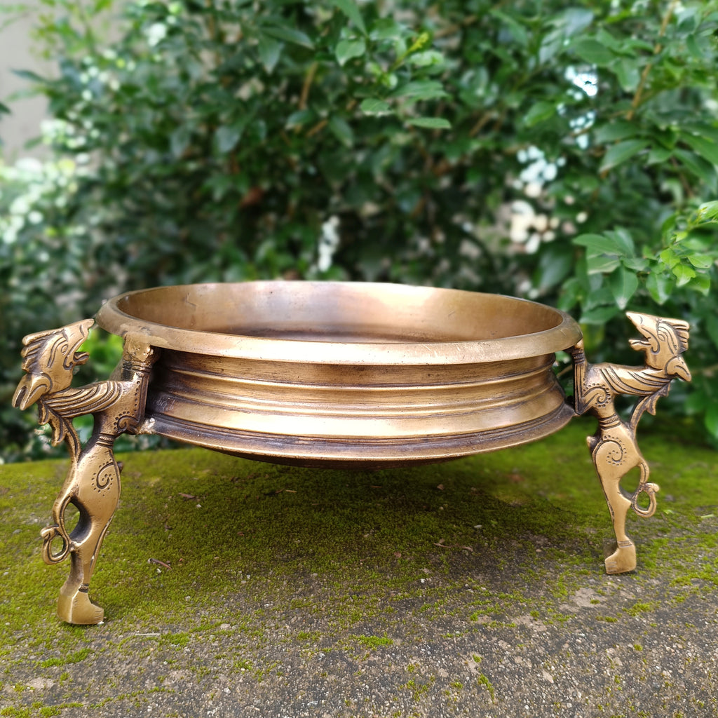 Traditional Brass Urli Handcrafted With 3 Mythical Yali Legs. Diameter 28 cm x Height 15 cm