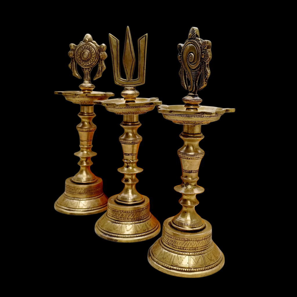 Divine Brass Samay Oil lamps With The Shanku, Chakra & Namam Symbols Of Lord Vishnu. Height 30 cm