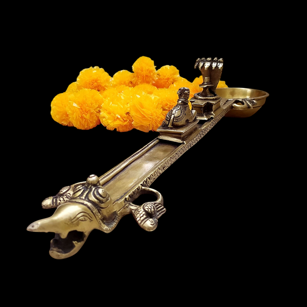 Majestic Brass Ritual Spoon or Uddharani with Nandi and Shiva Linga - L 59 cm x Ht 10 cm
