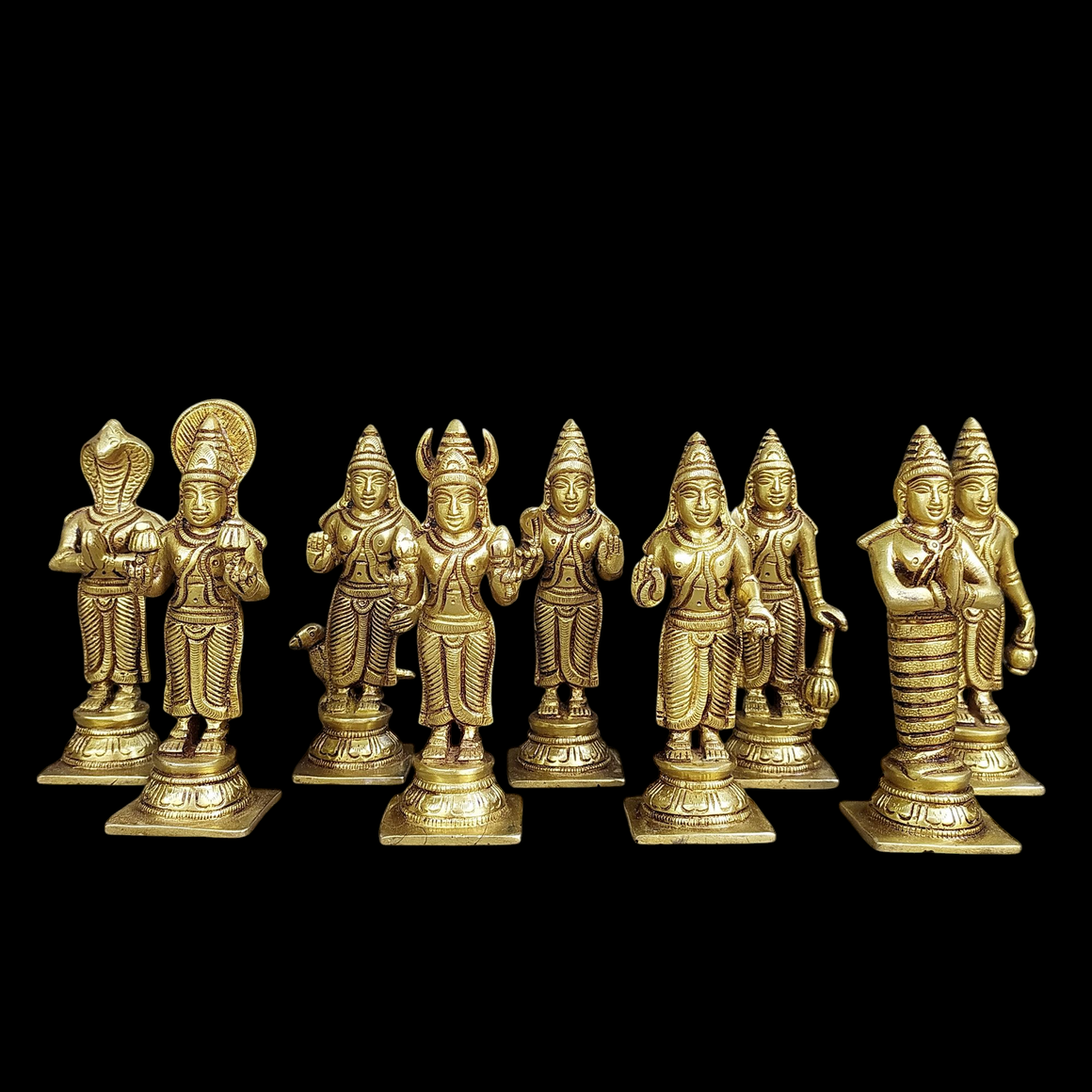 Divine collection of 9 Navagraha brass idols - Celestial bodies Affecting Human Life. Height 13.5 cm