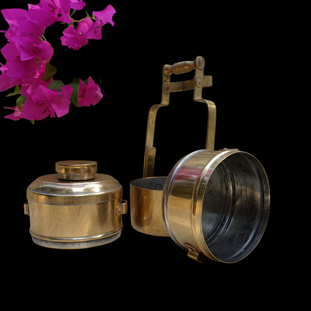 Vintage Brass Tiffin With 3 Containers. Height 26 cm x Diameter 11 cm