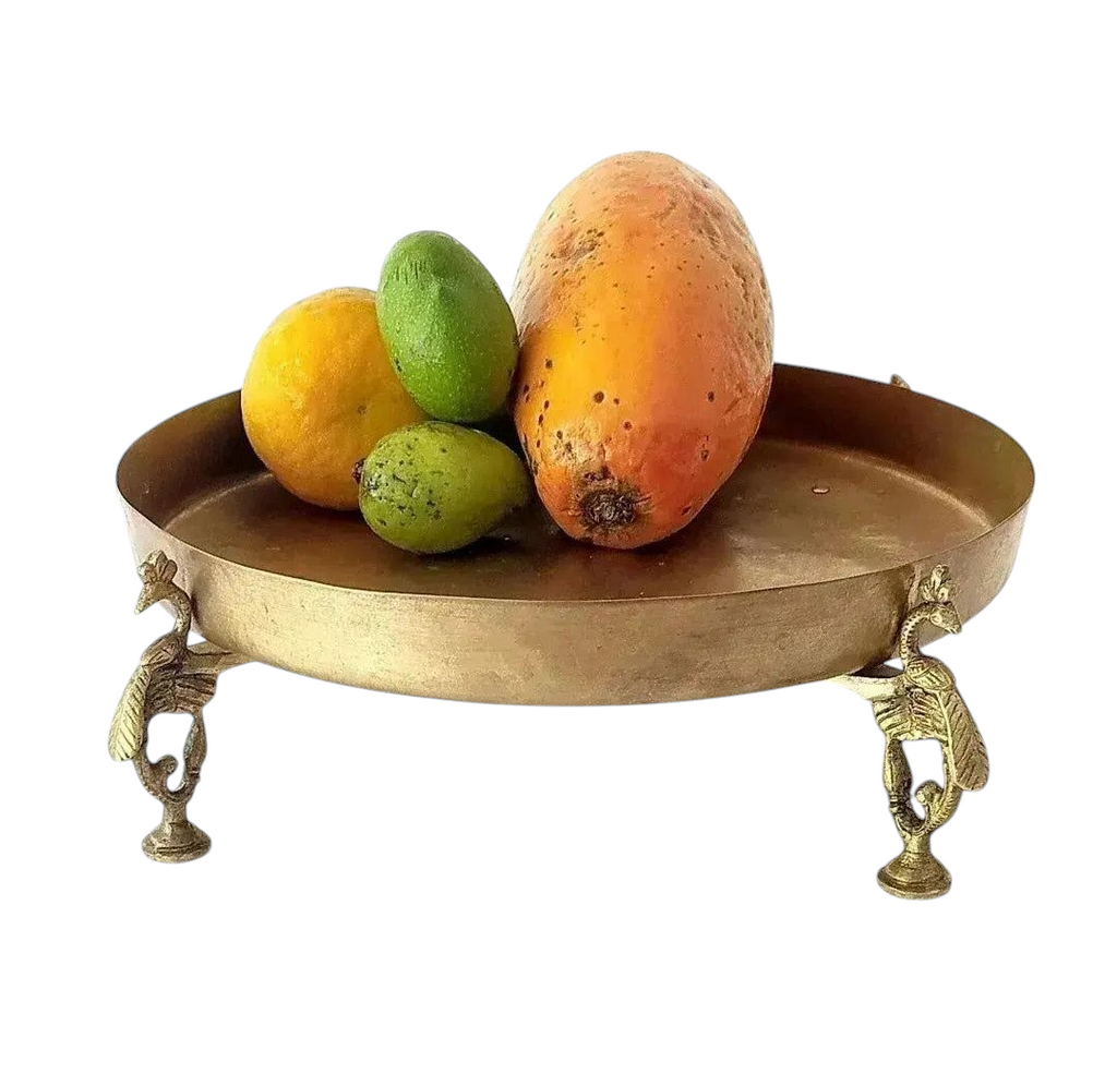 Brass Fruit Bowl Handcrafted With 3 Peacock shaped Legs - Diameter 29 cm x Height 9 cm