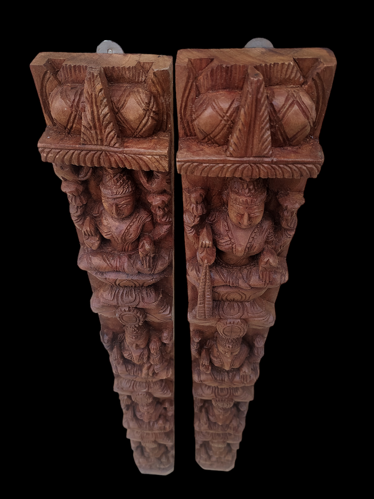 Hand Sculpted Pair Of Wooden Panels Depicting Asthalakshmi - The 8 Manifestations of Goddess Lakshmi. Ht 92  x Width 10 x Depth 5 cm