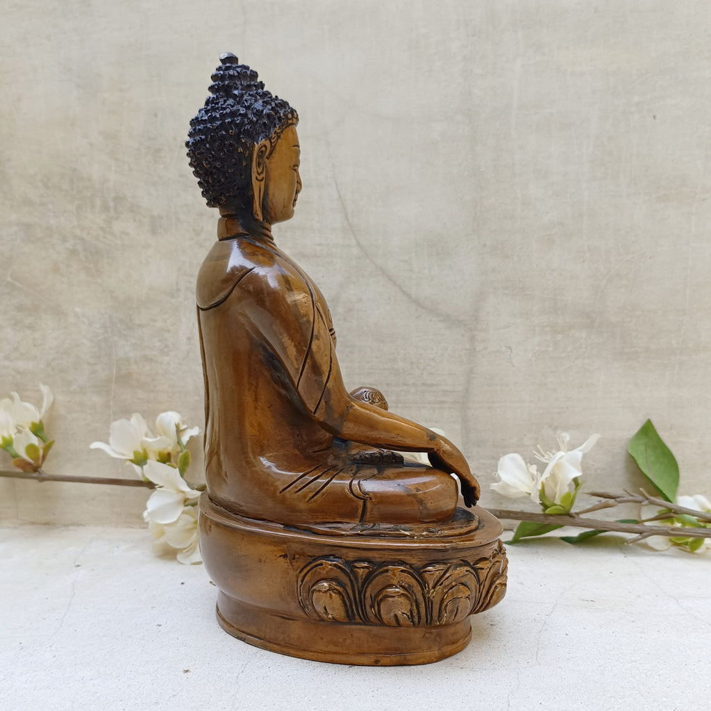 Vintage Buddha Brass Sculpture In Earth Mudra Posture. Ht 22 cm