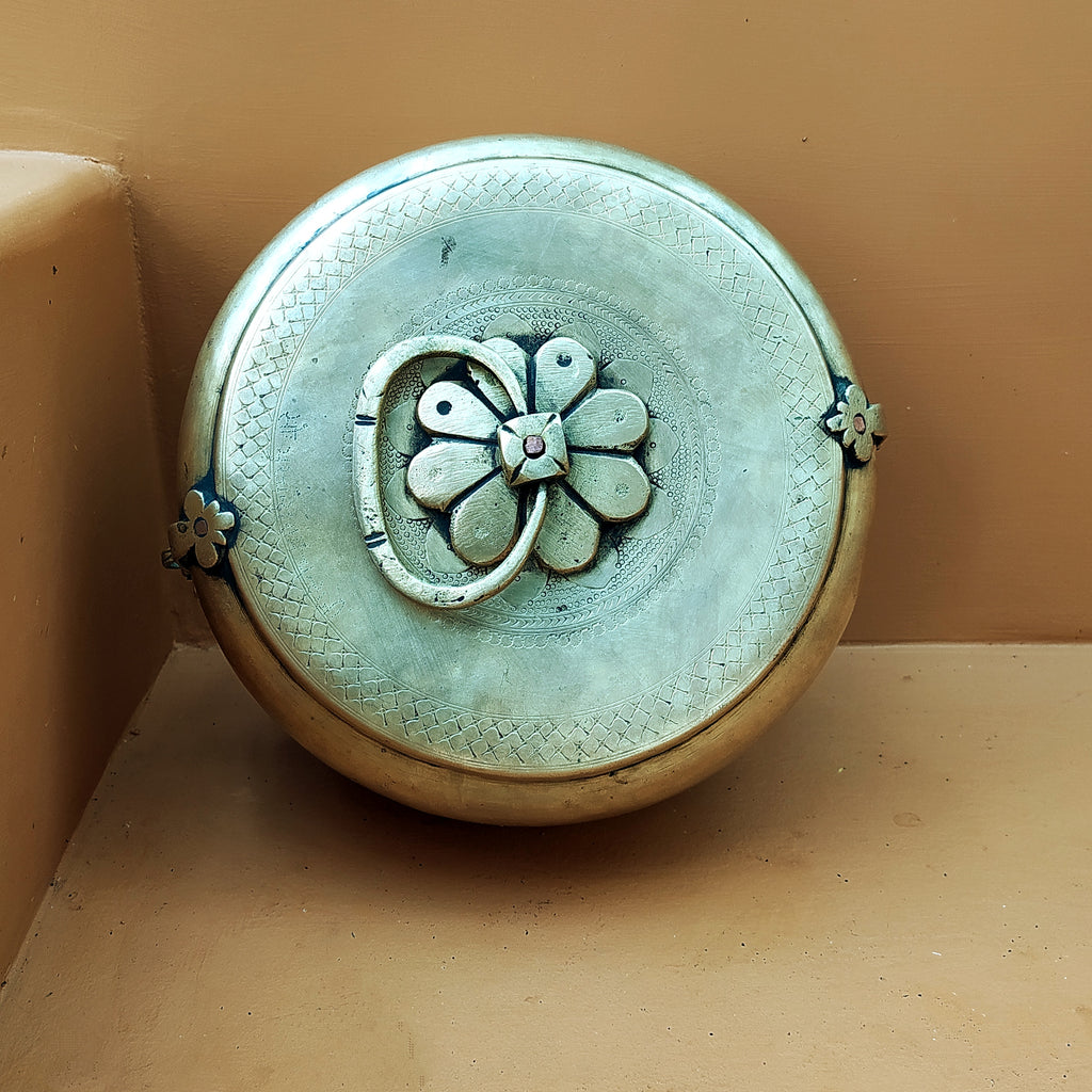 Traditional Brass Chappati Dabba | Bread Box From Northern India - Diameter 22 cm x Ht 11 cms