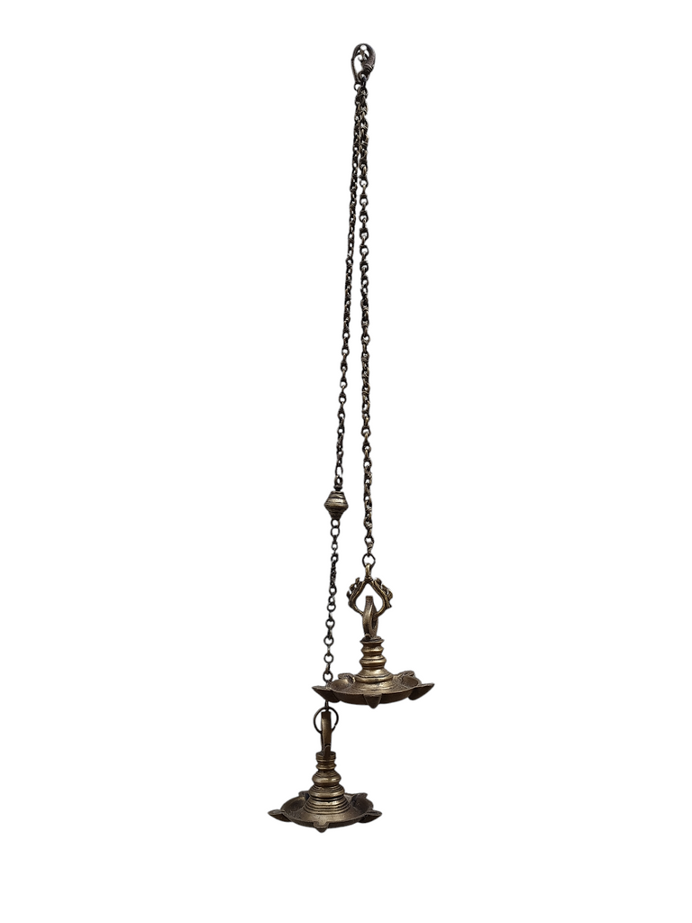 Vintage Pair Of Brass Oil & Wick Lamps With Ornate Chains. Length 99 cm & 85 cm x Diameter 12 cm