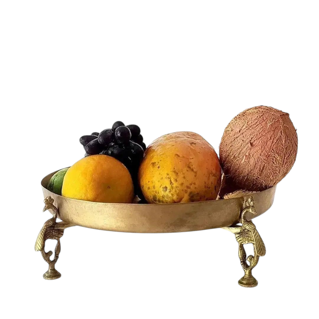 Brass Fruit Bowl Handcrafted With 3 Peacock shaped Legs - Diameter 29 cm x Height 9 cm