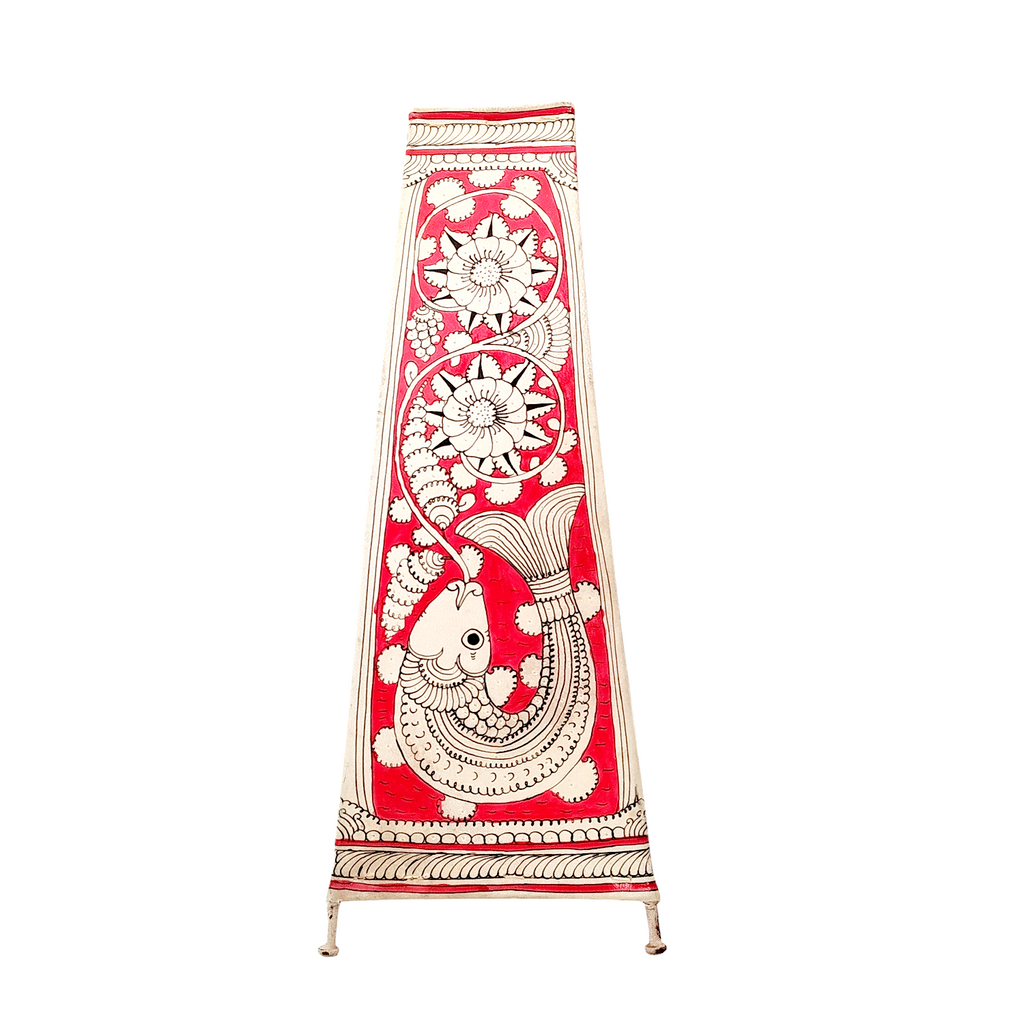 Kalamkari Craft Leather Lampshade With Mythological Fish Figures In Red & White Theme. Height 44 cm