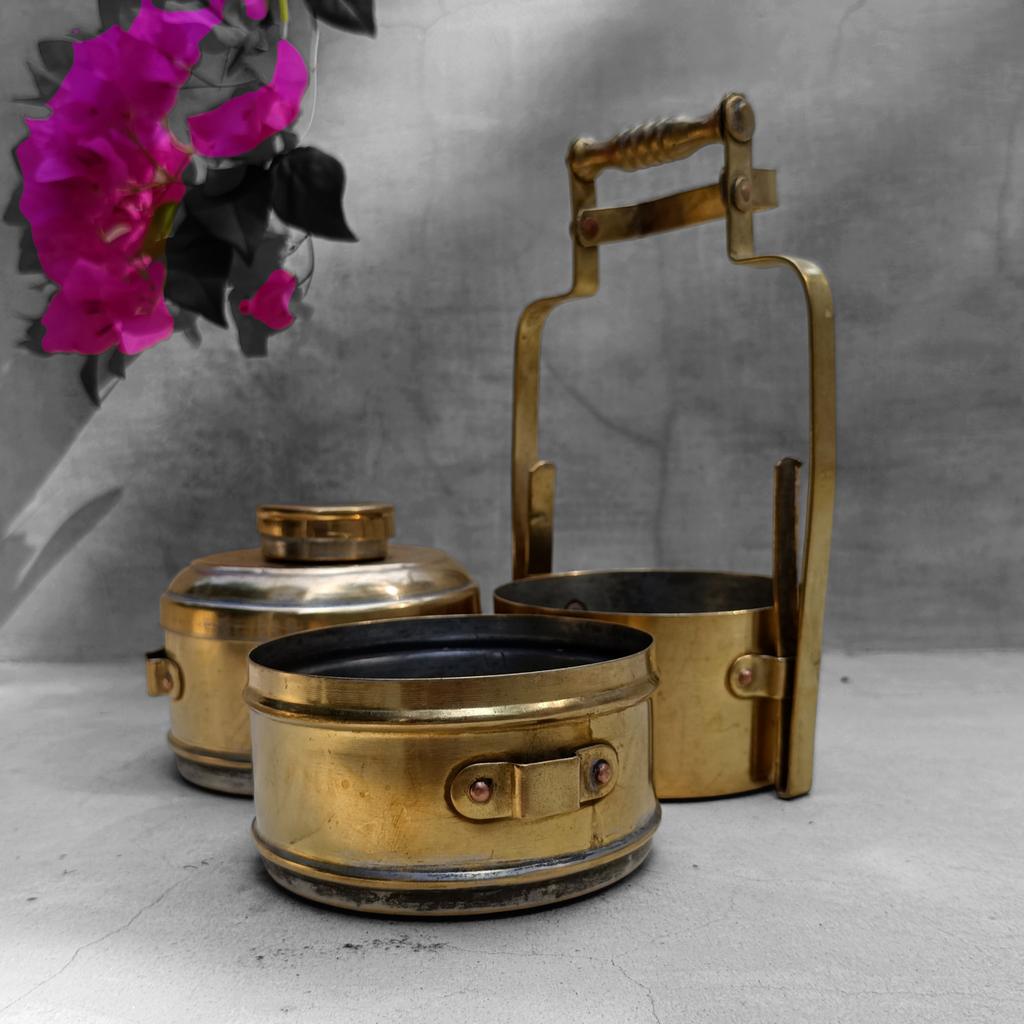 Vintage Brass Tiffin With 3 Containers. Height 26 cm x Diameter 11 cm