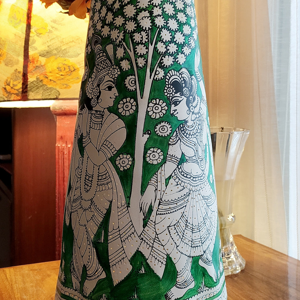 Kalamkari Style Leather Lampshade Depicting Radha Krishna In Colours of Vibrant Green & White. Height 44 cm