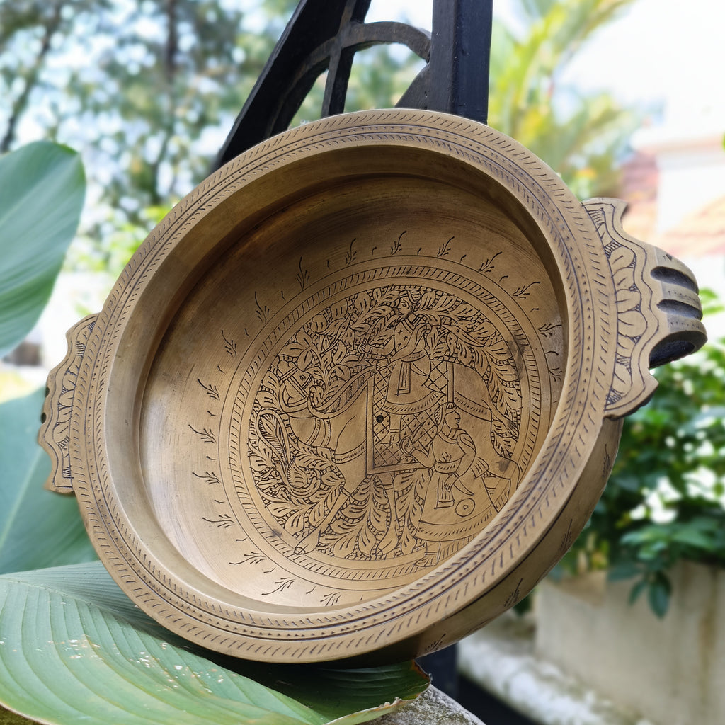 The Emperors Urli - Hand Engraved with A Majestic Camel And Mahout On Hunt. Diameter 25 cm x Ht 9 cm