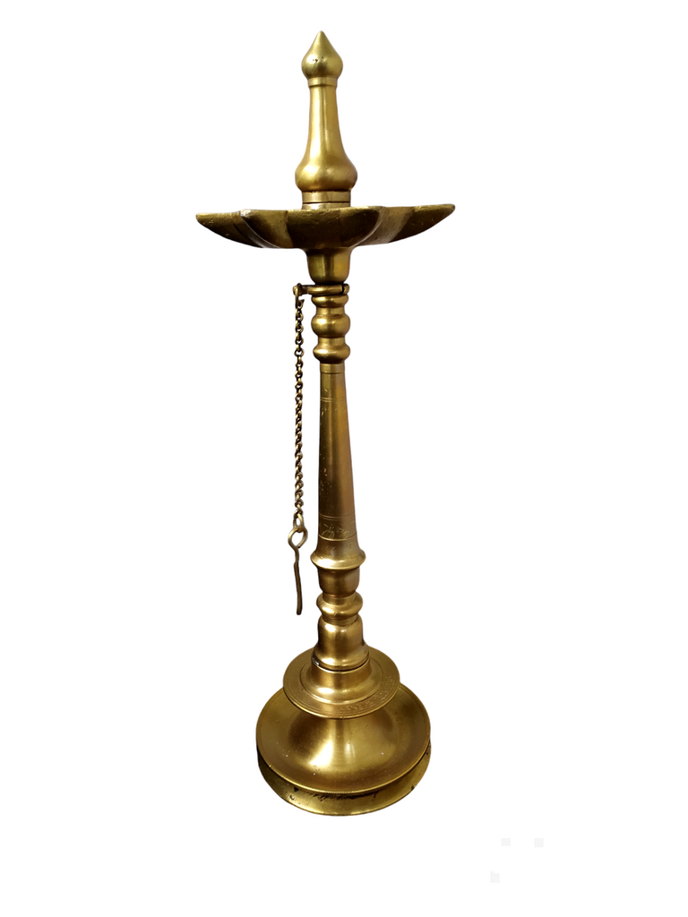 Traditional Brass Oil Lamp | Vilakku With 7 Grooves & Chain. Height 48 cm x Diameter 13 cm