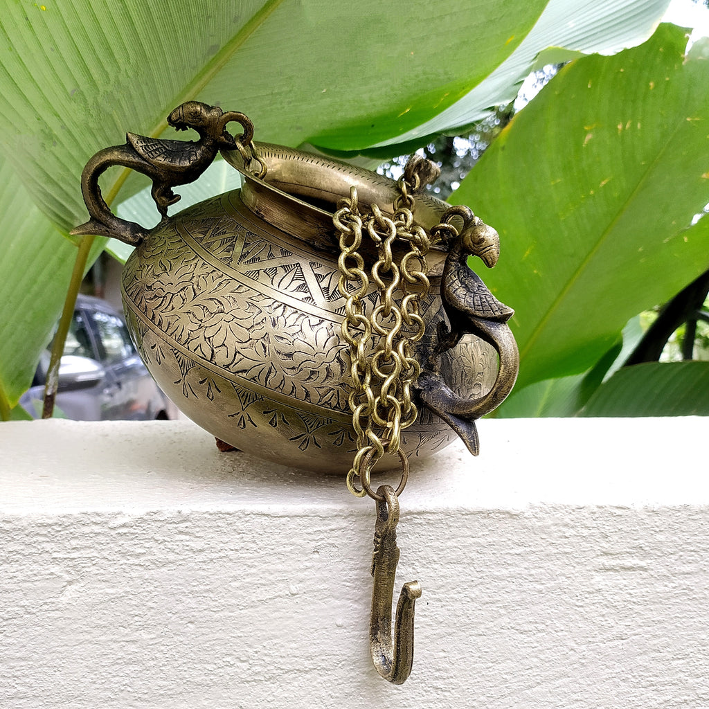 Vintage Hanging Brass Planter With 3 Peacock Handles. Length With Chain 89 cm x Diameter 16 cm