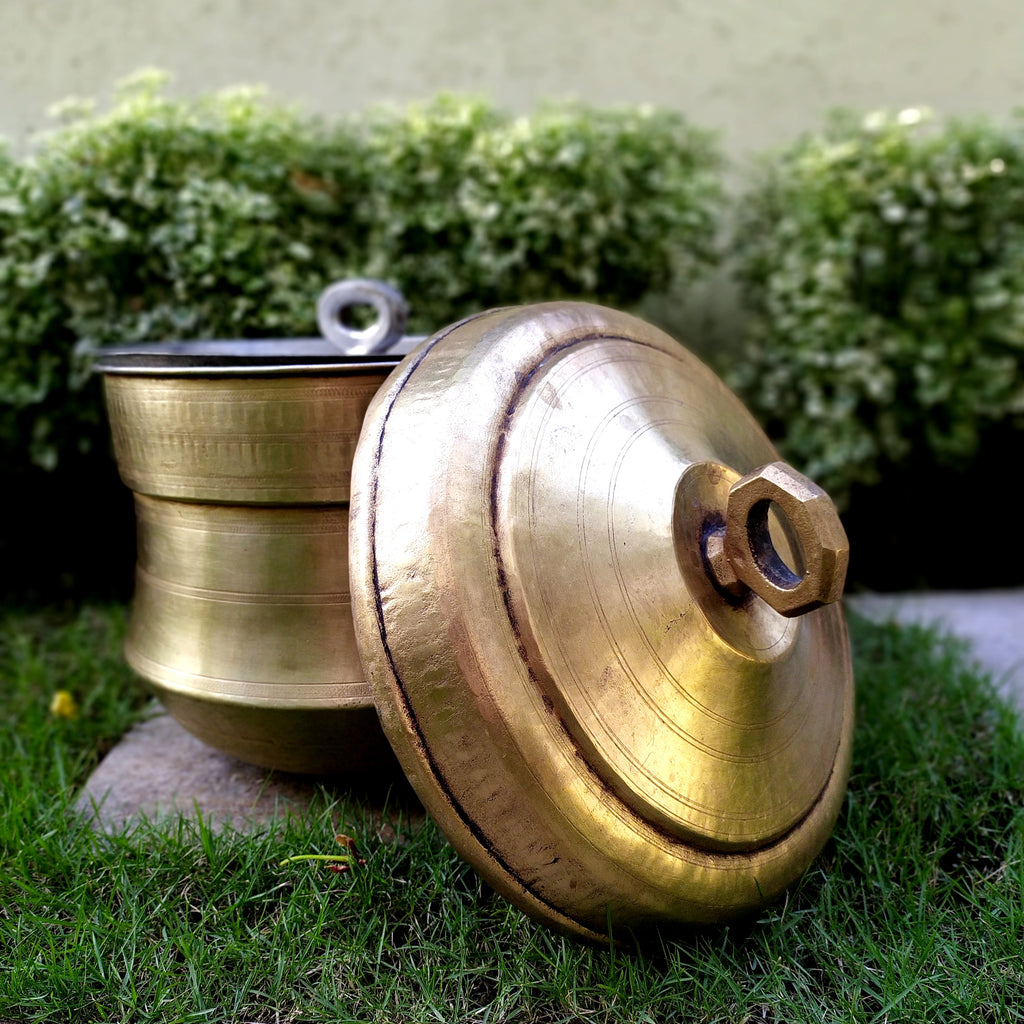 Vintage Idli Steamer | Patra Handcrafted In Brass With 2 Inserts, Height 30 cm x Diameter 25 cm