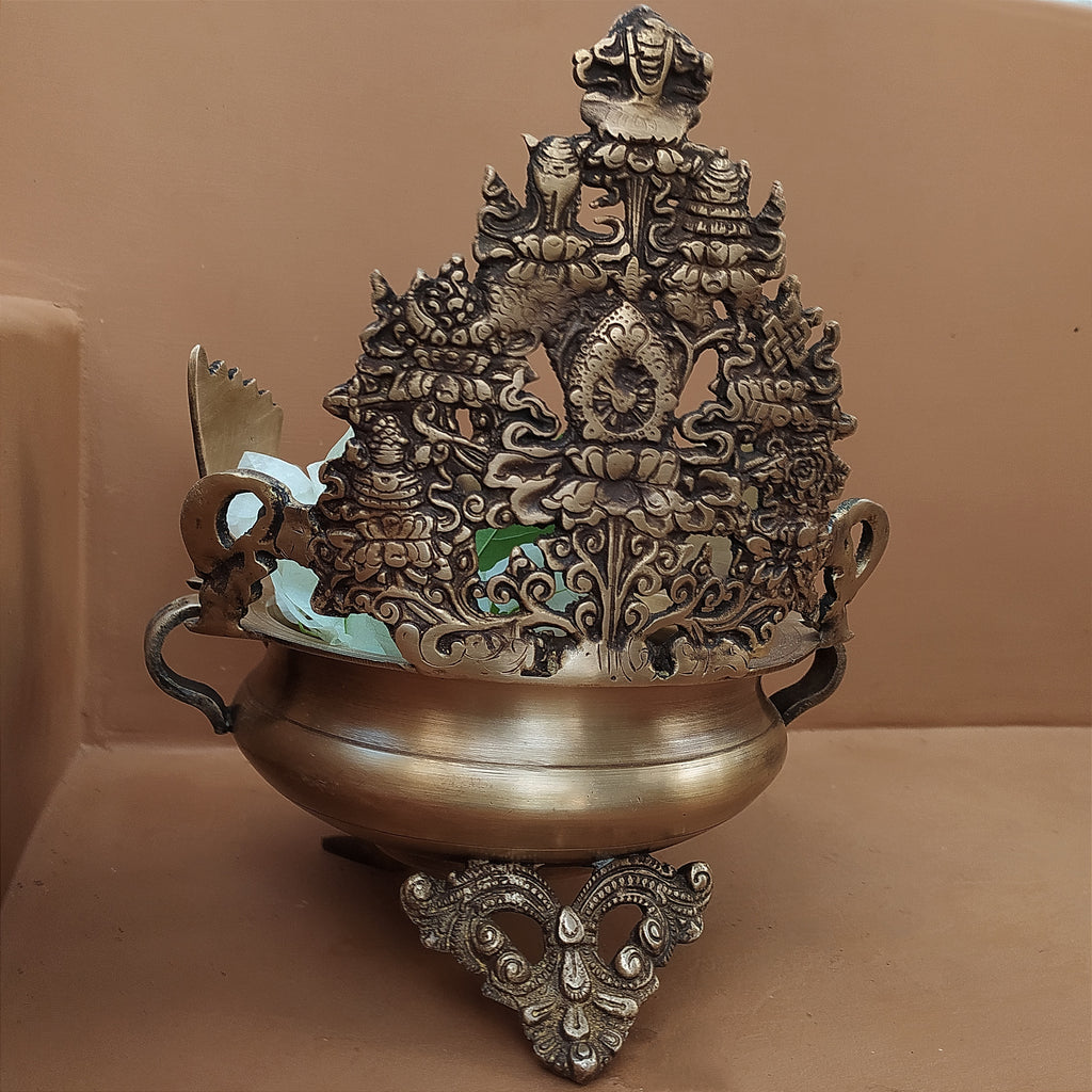Majestic Brass Peacock Urli For Floating Flowers & Diyas - Height 29 cm x Length 23 cm x Diameter 20 cm