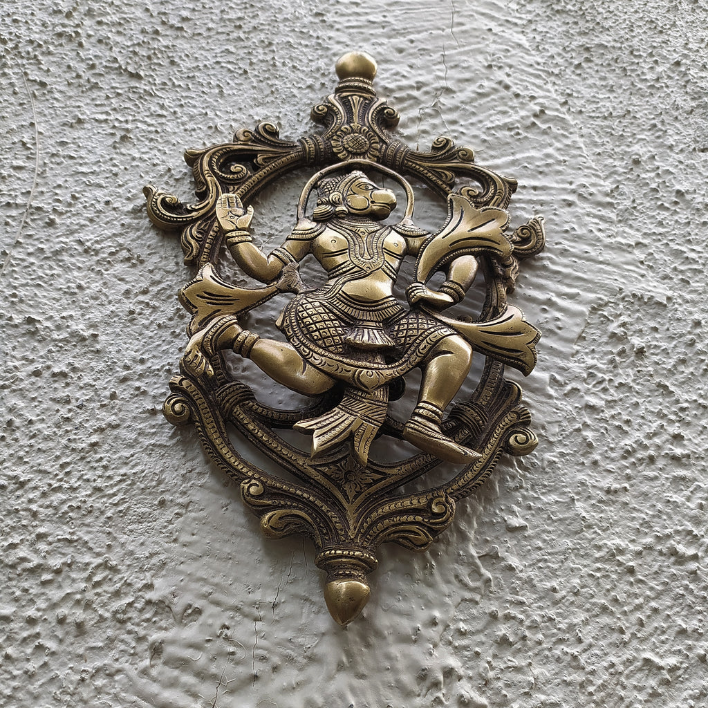 Majestic Handcrafted Brass Plaque of Hindu Diety Hanuman. Height 34 cm x Width 21 cm