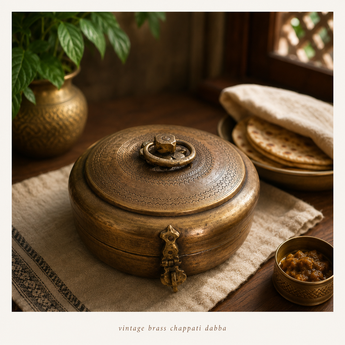 Traditional Brass Chappati Dabba. Diameter 22 cm x Ht 11 cm