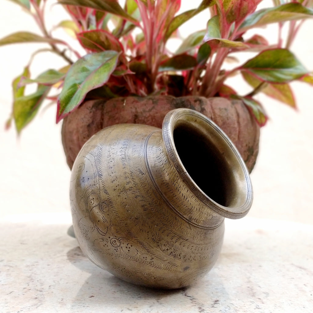 Vintage Brass Lota - Drinking Water Vessel Engraved With Elephants. Height 14 cm x Diameter 10 cm