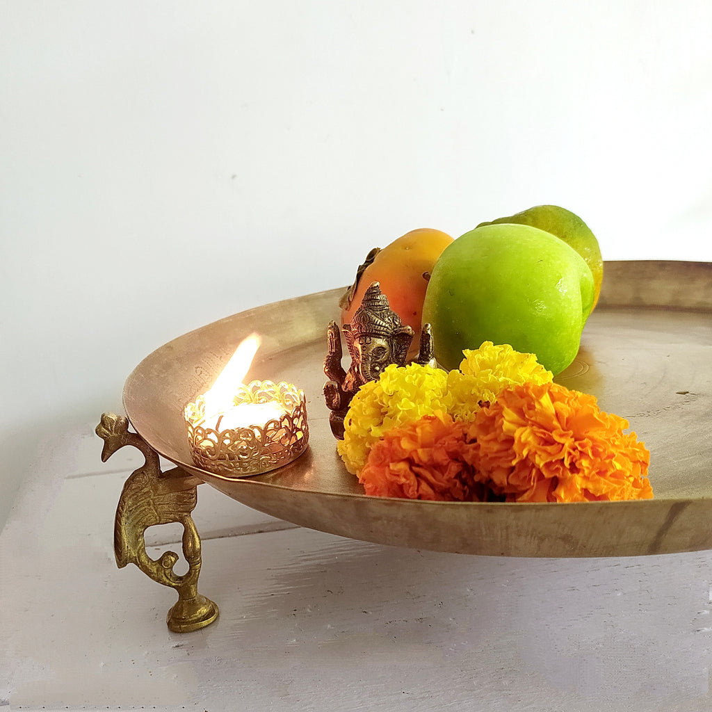 Vintage Brass Pooja Thaali | Fruit Bowl Handcrafted With 4 Peacock Legs - Diameter 34 cm x Height 8 cm