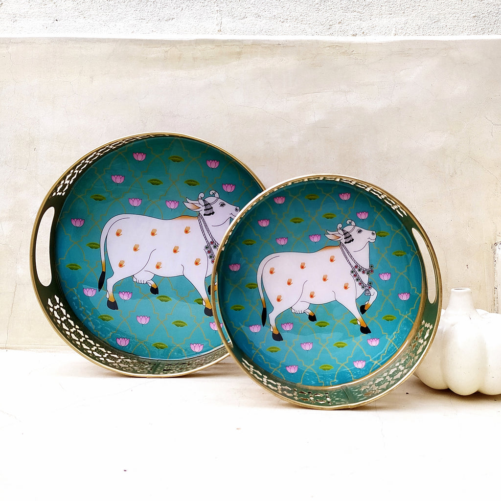 Pair Of Exquisite Round Metal Trays With Pichwai Art Of Nandi. Diameter 25 & 20 cm