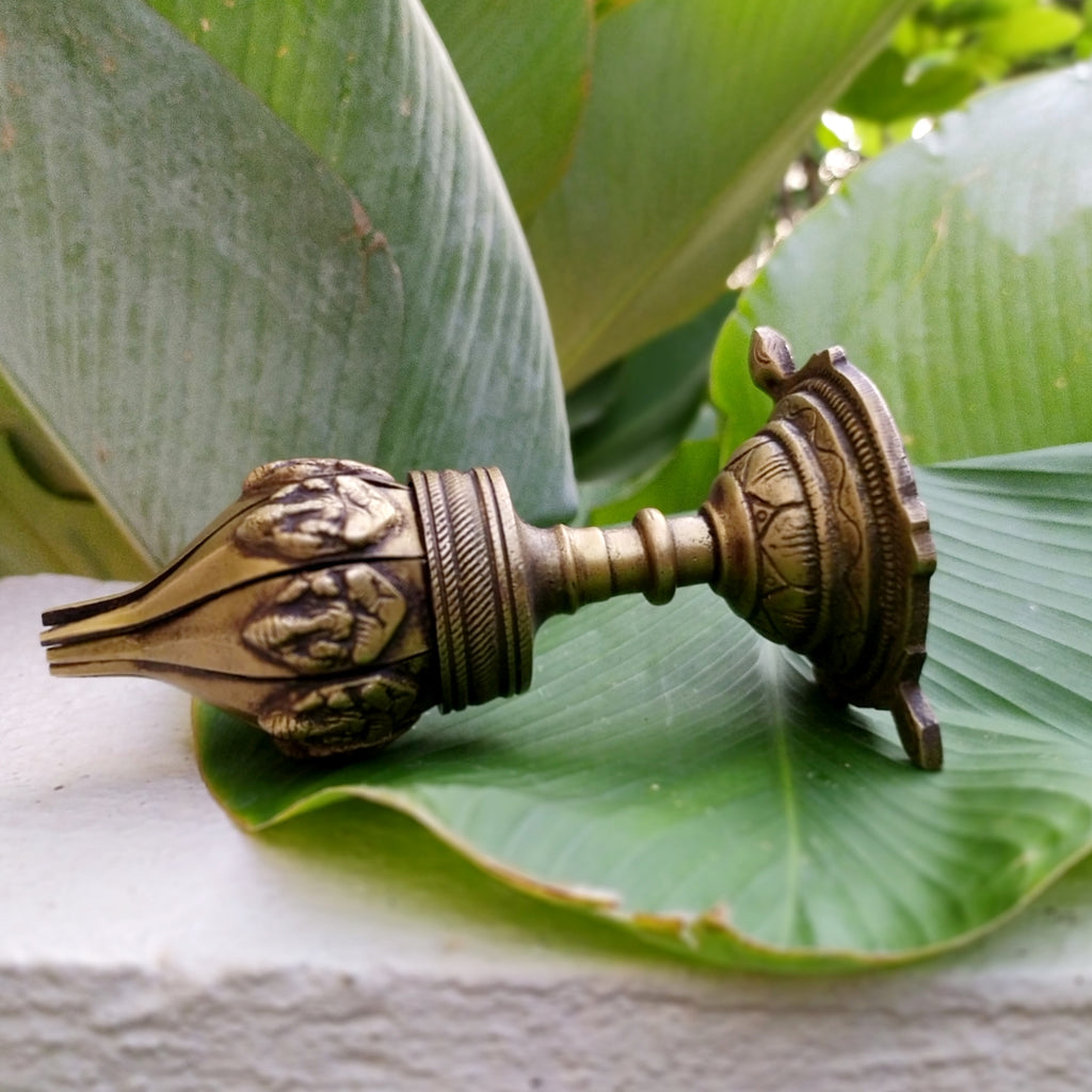 Vintage Ganesha Brass Lotus Lamp With 16 Petals On a Turtle Base. Height 16 cm